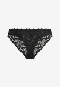 String noir en dentelle avec un motif floral, présentant des bords festonnés et un gousset doublé. Texture douce avec un détail complexe à l'arrière.