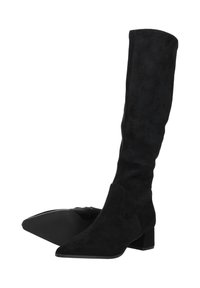 Zwarte kniehoge laarzen gemaakt van suède, met een puntige neus en een blokhak. Glad oppervlak met minimale details.