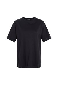 Black cotton t-shirt with a crew neck, short sleeves, and a relaxed fit. Smooth texture and minimal stitching detail.