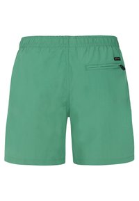 Green swim shorts with elastic waistband and back zippered pocket on the right side, labeled with a small black brand tag.