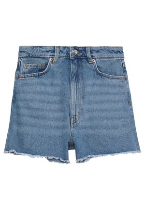 Blå denimshorts med frynsede kanter, knaplukning foran og fem lommer, herunder en lille møntlomme på højre side.
