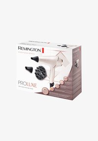 Remington ProLuxe hårføner med et hvitt og svart design, 2400W effekt, inkluderer stylingtilbehør og har Intelligent OPTI heat-teknologi.