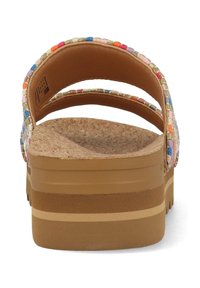 Cork platform sandals with two woven straps featuring multicolored accents. Smooth brown footbed and textured outsole design.