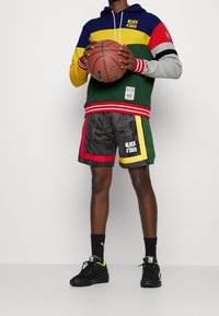 Felpa con cappuccio multi-pannello colorata, con un design blu, giallo, rosso e verde; pantaloni corti in rete neri con accenti grafici; tiene in mano un pallone da basket.