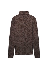 Maglione a collo alto marrone con maniche lunghe e motivo a stampa giaguaro nero. Realizzato in morbido tessuto testurizzato.