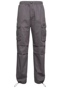Gray cargo pants with an elastic waistband, multiple side pockets, and adjustable cuffs. Made of durable fabric with a smooth texture.