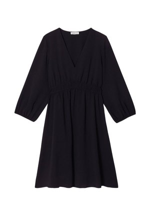 Robe noire avec un décolleté en V profond, des manches bouffantes trois-quarts et une taille élastique ; confectionnée en tissu doux et léger.