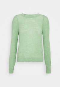 Maglione a maglia verde chiaro con maniche lunghe, scollatura rotonda e tessuto testurizzato. Design semplice senza decorazioni visibili.