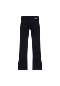 Svarta utsvängda jeans i denim, med medelhög midja, fem fickor och minimal hårdvara, samt en jämn och slät yta.