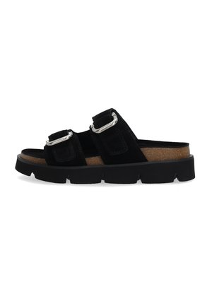 Zwarte open teen slippers met twee verstelbare gespen, kurken voetbed en dikke zwarte chunky rubberen zool.