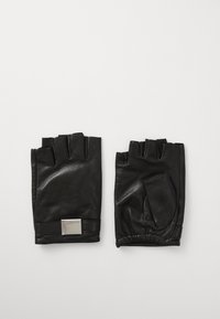 Black leather fingerless gloves with a smooth texture, featuring a silver logo plate and elasticated wrist for fit.