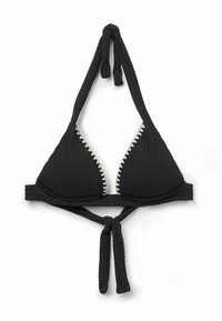 Czarny bikini górny na halter z teksturowanej tkaniny, trójkątnymi miseczkami i białym falbanym wykończeniem. Zawiązywany na szyi i plecach dla regulowanego dopasowania.