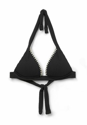 Haut de bikini noir à col halter en tissu texturé, cups triangulaires, et une bordure en voile blanche. S'attache au cou et au dos pour un ajustement ajustable.