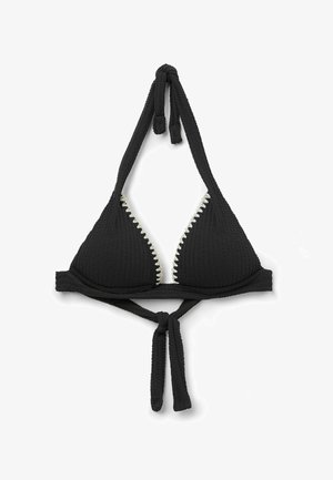 Black halter bikini top with textured fabric, triangular cups, and a white scalloped trimming. Ties at neck and back for adjustable fit.