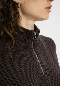Dunkelbrauner Halbzip-Pullover mit hohem Kragen, strukturiertem Strickmuster und silbernem Reißverschluss. Ideal zum Überziehen bei kühlerem Wetter.