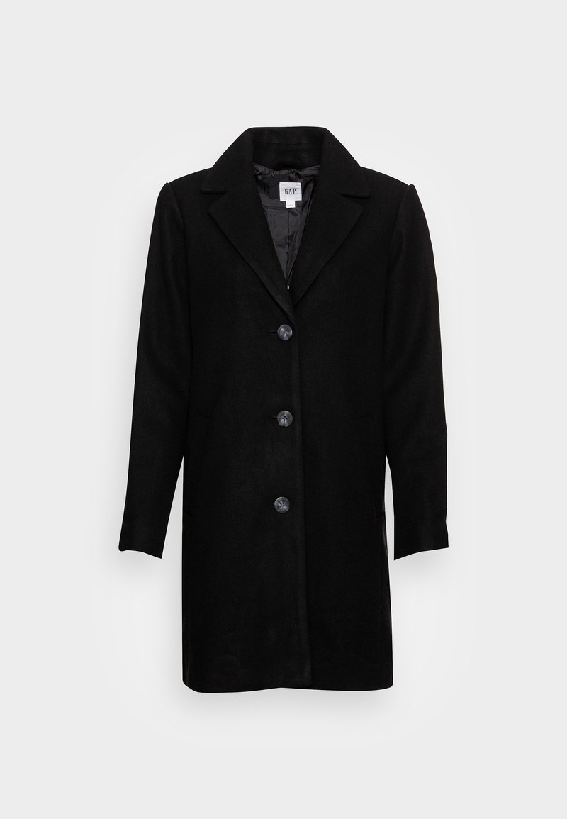Manteau noir trois boutons à simple boutonnage avec col à revers cranté et manches longues, présenté sur fond blanc.