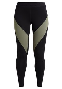 Leggings noirs avec des panneaux latéraux vert olive, dotés d'un design ajusté et d'une texture lisse, adaptés pour les vêtements de sport.