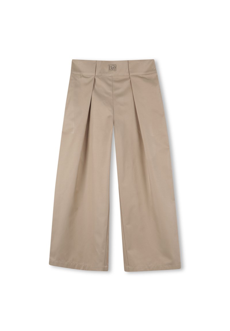 Beige wijde broek met plooien aan de voorkant en een zachte textuur. Kenmerkt zich door een gestructureerde tailleband en een strakke, op maat gemaakte silhouet.