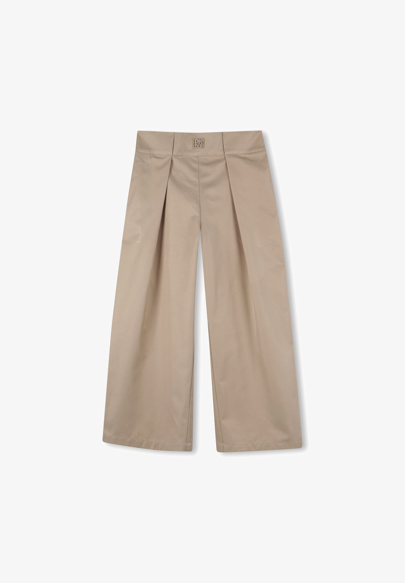 Beige wijde broek met plooien aan de voorkant en een zachte textuur. Kenmerkt zich door een gestructureerde tailleband en een strakke, op maat gemaakte silhouet.