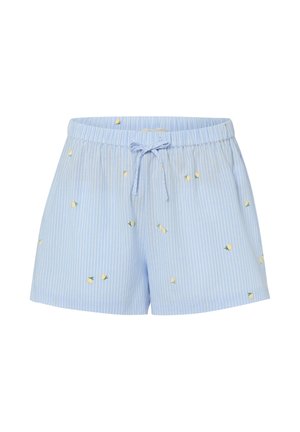 Jasnoniebieskie szorty w paski z drobnymi żółtymi kwiatowymi wzorami i sznurkiem do wiązania w talii z przodu.
