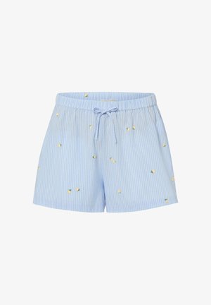Jasnoniebieskie szorty w paski z drobnymi żółtymi kwiatowymi wzorami i sznurkiem do wiązania w talii z przodu.