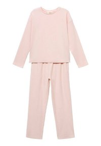Light pink, ribbed two-piece set featuring a long-sleeve top and matching pants. Soft fabric with a relaxed fit and rounded neckline.