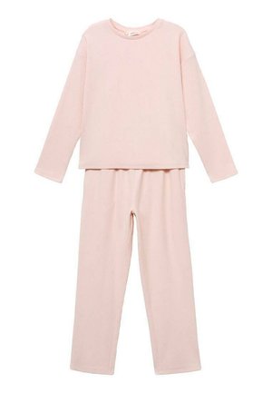 Ensemble deux pièces rose clair, côtelé, comprenant un haut à manches longues et un pantalon assorti. Tissu doux avec une coupe décontractée et un col arrondi.