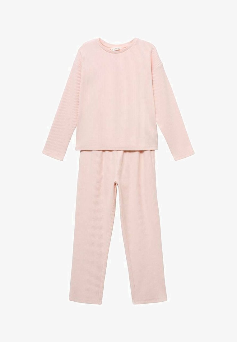 Světle růžová, žebrovaná dvoudílná souprava obsahující top s dlouhým rukávem a odpovídající kalhoty. Měkká tkanina s uvolněným střihem a kulatým výstřihem.