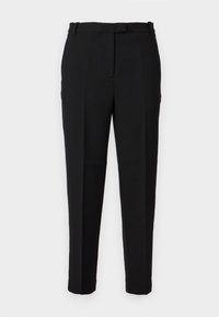 Black trousers made of smooth fabric, featuring a straight-leg design, a tailored fit, a belt loop waistband, and front crease details.