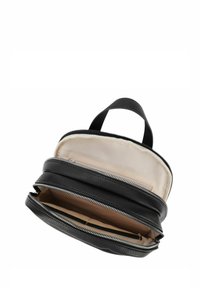 Black leather bag with a textured finish, dual zipper compartments, and a light-colored interior. Features a top handle for carrying.
