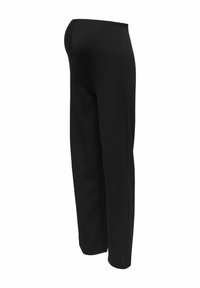 Sorte bukser med elastisk talje og lige ben, lavet af blødt stof med få syninger og en glat tekstur.