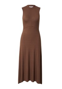 Braunes, geripptes Midikleid mit ärmellosem Design, rundem Ausschnitt, tailliertem Oberteil und ausgestelltem Rock. Weiche Textur und nahtlose Verarbeitung.