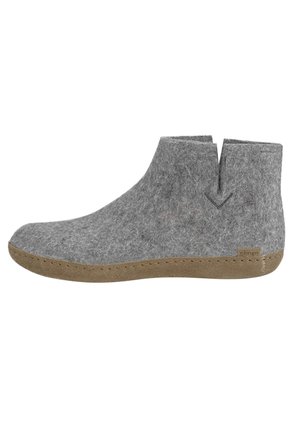 Gray felt ankle boot with split top edge and brown stitched rubber sole, designed for indoor comfort and casual wear.