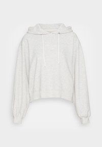 Lys grå cropped hoodie med en blød tekstur, snore i udskæringen og voluminøse lange ærmer, som har minimal broderi.
