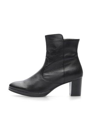 Black leather ankle boot with mid-height block heel and side zipper, smooth finish, and rounded pointed toe.
