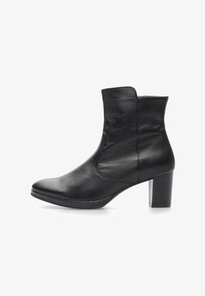 Bottine en cuir noir avec talon bloc de hauteur moyenne et fermeture éclair latérale, finition lisse et bout arrondi pointu.