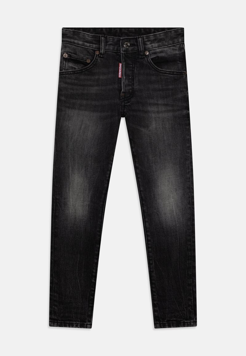 Jeans in denim nero con una finitura sbiadita, dotati di due tasche frontali, chiusura con bottone e un'etichetta centrale con logo vicino alla vita.