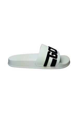 Sandalo slide bianco con una fascia spessa con grandi lettere nere e suola testurizzata.