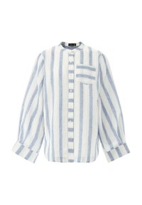 Camicia di lino con strisce orizzontali blu e bianche, design senza colletto, chiusura frontale con bottoni e una tasca sul petto. Maniche lunghe.