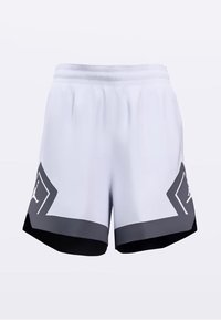 Fehér atlétikai rövidnadrág fekete szegéllyel és absztrakt szürke részletekkel, a bal alsó oldalon logóval. Sima anyag, rugalmas derékrész.