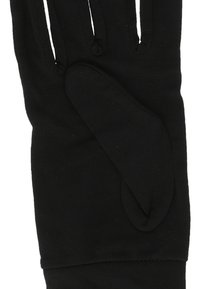 Sort tekstilhandske med en glat overflade, tætsiddende design og forlængede fingre. Forstærket håndflade har et blødt patch.