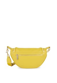 Sac bandoulière jaune en cuir avec une forme courbée, comprenant une poche avant zippée et une bandoulière ajustable avec des accessoires en métal doré.