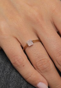 Reguliuojamas žiedas su stačiakampiu matiniu akmeniu, plonu rudos spalvos žiedu ir dviem mažais metaliniais akcentais iš abiejų pusių.