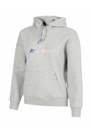 Hellgrauer Hoodie mit Fronttasche, Kordelzug an der Kapuze und blau-pinkem "BIDI BADU" Logo mit rundem Emblem auf der Brust.