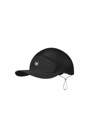Gorra negra de malla con visera curva y cordón ajustable para la barbilla, con el logo de Buff en el panel delantero.