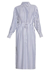 Gestreiftes Kleid mit kragenlosem Hals, Knopfleiste, langen Ärmeln und verstellbarem Kordelzug in der Taille. Hergestellt aus leichtem Stoff in Blau und Weiß.