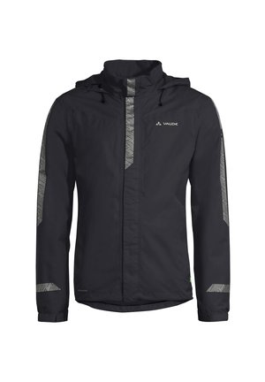 Schwarze wasserdichte Jacke mit Kapuze, ausgestattet mit reflektierenden geometrischen Mustern auf den Schultern und der Vorderseite, verstellbaren Kordelzügen und langen Ärmeln.