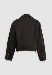 Veste en jean noire avec manches longues, fermetures éclair aux poignets et col, vue de dos sur un fond uni.