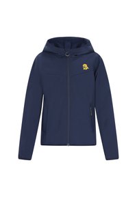 Tengerészkék kapucnis dzseki puha, sima anyagból, sárga emblémával a mellrészen, elülső cipzárral és oldalsó zsebekkel.
