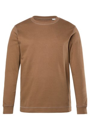 Bruine langemouwen shirt gemaakt van zacht materiaal met een ronde hals, platte naden en ribgebreide manchetten. Eenvoudig ontwerp zonder patronen of accenten.